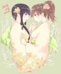  2girls bangs black_hair blue_eyes blunt_bangs braid branch brown_eyes brown_hair dated eye_contact floral_print flower hair_flower hair_ornament hair_over_shoulder hair_up highres holding_hands interlocked_fingers japanese_clothes kantai_collection kimono kitakami_(kantai_collection) long_hair looking_at_another multiple_girls obi ooi_(kantai_collection) open_mouth plum_blossoms ponytail profile saki_hajime sash sidelocks smile twitter_username 