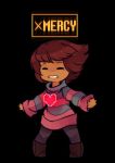  androgynous black_background boots brown_hair clenched_teeth closed_eyes frisk_(undertale) gameplay_mechanics heart raikissu striped striped_sweater sweater undertale 