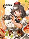  1girl autumn_leaves black_hair breasts camera character_name floral_print grin hat hat_ribbon large_breasts looking_at_viewer pom_pom_(clothes) puffy_short_sleeves puffy_sleeves red_eyes ribbon shameimaru_aya shirt short_sleeves smile solo tokin_hat touhou umigarasu_(kitsune1963) 