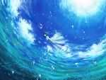  1girl air_bubble barefoot black_hair clouds dress fish fisheye floating_hair kazami_(kuroro) light_rays looking_at_viewer original short_hair sky solo sun sundress sunlight surreal underwater water white_dress 