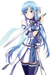  1girl absurdres asuna_(sao) asuna_(sao-alo) blue_eyes blue_hair blue_legwear highres holding_sword holding_weapon long_hair looking_at_viewer pointy_ears simple_background smile solo sword sword_art_online takata_akira thigh-highs very_long_hair weapon white_background 