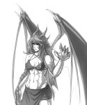  1girl abs bare_shoulders breasts claws commentary dragon_girl dragon_wings highres horns long_hair looking_away monochrome monorus navel original paws scales solo very_long_hair wings 