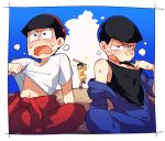  3boys baseball_bat black_hair black_shirt blue_sky breath brothers clothes_around_waist clouds jumpsuit jyushimatsu karamatsu long_sleeves male_focus multiple_boys off_shoulder osomatsu-kun osomatsu-san osomatsu_(osomatsu-kun) shirt shirt_tug siblings sitting sky sparkle sweat t-shirt tank_top white_shirt 