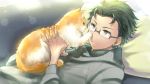  1boy animal animal_on_chest black_hair blurry bokeh cat closed_mouth couch depth_of_field earrings flipped_hair glasses hexagon holding_animal jewelry kikuchi_mataha long_sleeves lying male_focus on_back pillow semi-rimless_glasses smile solo sweater vocaloid wil_(vocaloid) zola_project 