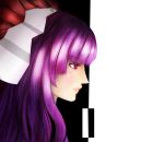  1girl animal_ears bangs black_background colored_eyelashes expressionless floating_hair gradient_hair long_hair misato_(misato123) multicolored_hair pointy_nose profile purple_hair rabbit_ears red_eyes redhead reisen_udongein_inaba solo touhou two-tone_background upper_body white_background 