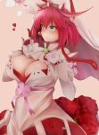  1girl bangs belt blue_eyes blush bow bracelet breasts buckle cleavage closed_mouth clover cravat cross dress elphelt_valentine eyebrows eyebrows_visible_through_hair flower gloves guilty_gear guilty_gear_xrd hair_between_eyes hat heart highres inaba_sunimi jewelry lace large_breasts looking_away pink_bow pink_hair pink_ribbon pointing pointing_up red_flower red_ribbon red_rose ribbon rose simple_background smile solo spiked_bracelet spikes upper_body veil white_dress white_gloves 
