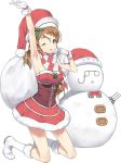  1girl arm_up armpits bare_shoulders boots brown_hair glasses gloves hat holly jiji kantai_collection kneeling littorio_(kantai_collection) official_art one_eye_closed open_mouth over_shoulder red_skirt sack santa_costume santa_hat scarf skirt snowman solo striped striped_scarf white_background white_boots white_gloves 