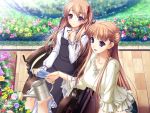  2girls bangs blush breasts brown_hair curly_hair double_bun dress fingernails flat_chest flower garden hair_ribbon highres large_breasts long_fingernails long_hair mireille_marres_ascot multiple_girls noel_maresse_ascot open_mouth ribbon siblings sisters smile violet_eyes walkure_romanze watering_can wheelchair 