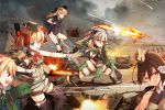  5girls absurdres bare_legs battle bikini_top black_legwear blonde_hair bullet cannon clouds cloudy_sky gloves highres injury kuro_(kuronell) metal_waltz military military_uniform military_vehicle multiple_girls panzer_waltz silver_hair sky splashing tank twintails uniform vehicle white_gloves 