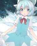  1girl asa_(coco) blue_eyes blue_hair blurry blush cirno hair_ornament hair_ribbon ice ice_wings open_mouth puffy_sleeves ribbon shirt short_hair short_sleeves skirt skirt_set snowing solo touhou vest wings 