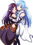  2girls absurdres asuna_(sao) asuna_(sao-alo) blue_hair blue_legwear hand_on_another&#039;s_head highres hug long_hair looking_at_viewer multiple_girls nakamura_naoto pointy_ears purple_hair red_eyes simple_background smile sword_art_online thigh-highs white_background yuuki_(sao) 