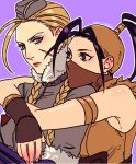  2girls alternate_costume arm_over_shoulder bare_shoulders black_hair blonde_hair blue_eyes braid brown_eyes cammy_white elina_kuroe_no_daarin hat ibuki_(street_fighter) long_hair looking_at_another multiple_girls ninja ponytail red_lips scar street_fighter street_fighter_iv uniform 