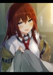  1girl annoyed armlet artist_name belt blue_eyes blush brown_jacket collared_shirt dust holding indoors labcoat letterboxed long_hair looking_at_viewer makise_kurisu mishima_kurone necktie off_shoulder open_mouth pov red_necktie redhead shirt solo steins;gate sunlight translated upper_body white_shirt window 