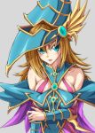  1girl bare_shoulders blonde_hair blue_eyes blush breasts duel_monster hat highres large_breasts long_hair magician&#039;s_valkyria ozaneko solo witch_hat yuu-gi-ou yuu-gi-ou_duel_monsters 