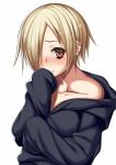  1girl bags_under_eyes bare_shoulders blonde_hair blush collarbone earrings hair_over_one_eye hand_to_own_mouth highres hoodie idolmaster idolmaster_cinderella_girls jewelry looking_at_viewer off_shoulder red_eyes shirasaka_koume short_hair simple_background sleeves_past_wrists solo takanashi-a upper_body white_background 