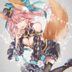  1girl :d \n/ animal_ears aqua_bow aqua_ribbon arm_garter bangs bare_shoulders between_breasts black_legwear black_shoes bow breasts caster_(fate/extra) cleavage cross-laced_clothes detached_sleeves fang fate/extra fate_(series) flower fox_ears fox_tail frilled_sleeves frills hair_between_eyes hair_bow hair_ribbon hat jewelry long_hair looking_at_viewer macco mini_top_hat one_eye_closed open_mouth pink_hair ribbon ring shoes shorts smile snowflakes solo tail thigh-highs thigh_strap top_hat twintails white_flower yellow_eyes 