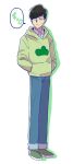  1boy 35_samo :&lt; brown_hair character_name choromatsu denim hands_in_pockets hoodie jeans layered_clothing looking_to_the_side male_focus osomatsu-kun osomatsu-san pants pants_rolled_up simple_background solo standing sweatdrop white_background 