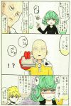  1girl 2boys absurdres bald commentary_request genos green_eyes green_hair highres marker_(medium) mehonobu_g multiple_boys onepunch_man saitama_(onepunch_man) tatsumaki traditional_media translation_request 