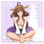  1girl ahoge barefoot breasts brown_hair character_name detached_sleeves double_bun hairband indian_style kantai_collection kongou_(battleship) kongou_(kantai_collection) long_hair looking_at_viewer no_bra one_eye_closed panties pink_panties remodel_(kantai_collection) shiba_cyon silhouette sitting skirt solo underwear v_arms violet_eyes 