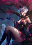  1girl against_tree bangs bare_shoulders black_legwear blood_moon_elise blue_nails breasts cleavage corset crossed_legs detached_sleeves dress elise_(league_of_legends) eyelashes eyeshadow fingernails hair_ornament highres holding_pipe kiseru kneehighs large_breasts league_of_legends lips lipstick long_fingernails looking_at_viewer makeup mascara mismatched_legwear nail_polish nose outdoors parted_lips petals pink_lipstick pipe pleated_dress realistic red_dress rock sharp_fingernails short_dress short_hair sideboob sitting sleeveless sleeveless_dress solo swept_bangs thigh-highs thighs tree upper_body x.four 