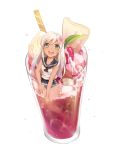  1girl :d absurdres bangs bare_legs blonde_hair blue_eyes crop_top cup drinking_glass flower food from_above fruit glass hair_flower hair_ornament happy highres ice_cream ice_cream_float in_container kantai_collection leaf lifebuoy long_hair looking_at_viewer minigirl mxn neckerchief open_mouth oversized_object ro-500_(kantai_collection) sailor_collar school_swimsuit simple_background sleeveless smile solo sparkle strawberry swept_bangs swimsuit swimsuit_under_clothes tan tanline wafer_stick white_background 