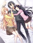  1boy 2girls asuna_(sao) black_hair blonde_hair blush braid casual closed_eyes girl_sandwich hand_on_another&#039;s_head highres hug kirito long_hair lying matsuryuu multiple_girls on_back on_bed on_side open_mouth petite sandwiched short_hair skirt sleeping sword_art_online yui_(sao) 