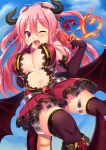  1girl :d absurdres antenna_hair bangs bare_shoulders black_gloves black_legwear blush bow breasts cleavage clouds demon_girl demon_horns demon_wings dress elbow_gloves eyebrows_visible_through_hair finger_to_mouth fire gloves hair_between_eyes heart highres horns jiiwara large_breasts long_hair looking_at_viewer low_wings navel open_mouth original over-kneehighs pink_eyes pink_hair pinky_out pointy_ears red_bow red_dress sky smile solo sparkle tail thigh-highs two_side_up wings 