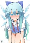  1girl all_fours alternate_hair_length alternate_hairstyle blue_eyes blue_hair blush bow breasts cirno cleavage full-face_blush hair_bow hanging_breasts ice ice_wings large_breasts long_hair looking_at_viewer older simple_background smile solo sweat touhou tsurime untied very_long_hair white_background wings yutamaro 
