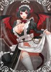  1girl :d apt bangs bat_wings black_hair black_jacket blunt_bangs bowtie breasts buttons cleavage cleavage_cutout collar demon_girl demon_horns dress dress_lift frilled_sleeves frills garter_straps groin horns jacket key keyring large_breasts long_sleeves looking_at_viewer maid_headdress navel navel_cutout open_mouth original puffy_long_sleeves puffy_sleeves red_background red_bowtie red_eyes short_hair simple_background smile solo standing stomach striped striped_bowtie succubus tattoo thigh-highs thigh_gap white_border white_dress white_legwear wings 