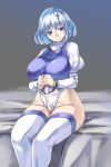  1girl blue_eyes bound bound_wrists breasts clenched_hands commentary_request empty_eyes hair_ornament hairclip large_breasts letty_whiterock looking_at_viewer no_hat on_bed panties polearm puffy_sleeves short_hair silver_hair sitting sitting_on_bed smile solo thigh-highs touhou trident underwear weapon white_legwear white_panties yohane 