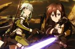  1boy 1girl absurdres anti-materiel_rifle beam_saber black_eyes black_hair black_shorts blue_eyes blue_hair bolt_action fingerless_gloves five-seven_(gun) glock gloves gun handgun highres holding_gun holding_sword holding_weapon kirito kirito_(sao-ggo) long_hair looking_at_viewer outdoors pgm_hecate_ii pistol rifle ruins scope shinon_(sao) shorts sniper_rifle sword sword_art_online takata_akira weapon 