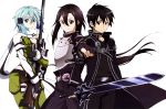  1girl 2boys absurdres androgynous anti-materiel_rifle black_eyes black_hair black_shorts blue_eyes blue_hair bolt_action five-seven_(gun) gun handgun highres holding_gun holding_sword holding_weapon kawatsuma_tomomi kirito kirito_(sao-ggo) long_hair looking_at_viewer multiple_boys pgm_hecate_ii pistol rifle scarf shinon_(sao) short_hair shorts simple_background smile sniper_rifle sword sword_art_online weapon white_background 