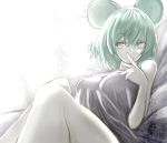  1girl absurdres alternate_hair_color animal_ears bed bed_sheet breasts covered_nipples finger_to_mouth green_hair highres large_breasts legs_together light_particles looking_to_the_side morning mouse_ears naked_sheet nazrin red_eyes shiny shiny_hair short_hair smile solo sunlight touhou watchi window 