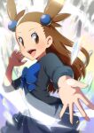1girl alternate_color brown_eyes crystal dress hair_bobbles hair_ornament hand_up jasmine_(pokemon) light_brown_hair looking_at_viewer oooise open_mouth outstretched_arm pokemon pokemon_(game) pokemon_masters_ex smile solo teeth tongue twintails
