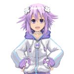  1girl d-pad hair_ornament hands_on_hips highres hoodie kmd looking_at_viewer neptune_(choujigen_game_neptune) neptune_(series) open_mouth purple_hair smile solo violet_eyes 