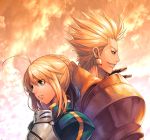  1boy 1girl ahoge armor armored_dress back-to-back blonde_hair clouds cloudy_sky dress earrings evilgun fate/stay_night fate/zero fate_(series) gilgamesh green_eyes jewelry long_hair red_eyes ribbon saber sky 