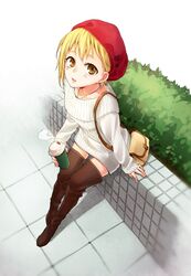  1girl alternate_costume alternate_hairstyle aran_sweater bag bangs blonde_hair blush boots brown_eyes bush casual cup dress from_above full_body haikyuu!! hair_down hat jewelry long_sleeves looking_at_viewer namo necklace open_mouth outdoors pavement red_hat shadow short_hair shoulder_bag sitting sleeves_past_wrists solo sweater sweater_dress thigh-highs thigh_boots yachi_hitoka 