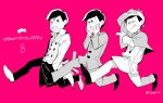  3boys ;) alternate_costume alternate_hairstyle blue_eyes brothers capelet copyright_name cowlick deerstalker detective formal hand_on_own_cheek hands_in_pockets hat karamatsu multiple_boys one_eye_closed osomatsu-kun osomatsu-san osomatsu_(osomatsu-kun) pink_background siblings simple_background smile suit todomatsu tongue tongue_out trench_coat twitter_username winking yodokawa_(yukko) 
