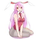  1girl animal_ears breasts bunnysuit cleavage highres long_hair looking_at_viewer necktie open_mouth purple_hair rabbit_ears red_eyes reisen_udongein_inaba simple_background solo touhou v_arms yukina_(masyumaro610) 