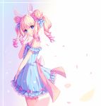  1girl animal_ears artist_name bangs bare_shoulders blonde_hair blue_bow blue_dress blue_eyes blunt_bangs blush borrowed_character bow bunny_girl bunny_tail dress drill_hair finger_to_face from_side gradient gradient_background hair_bow head_tilt heart_print hyanna-natsu looking_at_viewer multicolored_hair original petals pink_bow pink_hair rabbit_ears short_hair simple_background smile solo standing tail two-tone_hair white_background 