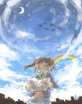  1girl black_hair bow closed_eyes clouds commentary_request crescent_moon fish grin hair_bow highres holding_paper love_live!_school_idol_project moon natsutaro_(sss_stn) rainbow school_uniform sketch sky skyline smile solo star_(sky) starry_sky twintails yazawa_nico 