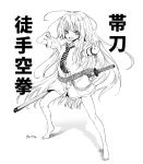  1girl :d barefoot batta_(kanzume_quality) belt fighting_stance freckles katana long_hair monochrome necktie open_mouth original sheath sheathed smile solo sword very_long_hair weapon younger 
