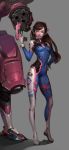  1girl absurdres arm_cannon armor bangs blush bodysuit boots breasts brown_eyes brown_hair contrapposto covered_navel d.va_(overwatch) damaged facial_mark full_body gatling_gun gloves grey_background gun hand_on_hip handgun headphones high_collar highres holding_gun holding_weapon light_smile lipgloss lips logo long_hair looking_at_viewer mecha midfinger22 one_eye_closed overwatch pilot pilot_suit realistic science_fiction scratched_paint skin_tight solo standing swept_bangs weapon white_boots white_gloves 