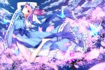  1girl bare_legs barefoot blue_dress butterfly cherry_blossoms clouds cloudy_sky dress fan flying frilled_kimono frills highres japanese_clothes kimono kurisu_tina looking_at_viewer magic petals pink_hair red_eyes ribbon-trimmed_sleeves ribbon_trim saigyouji_yuyuko sailor_collar sash short_hair sky sleeves_pushed_up smile solo touhou tree wide_sleeves 