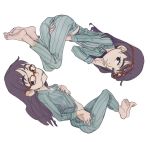  1girl barefoot between_legs eyebrows flat_chest flcl glasses hair_in_mouth hand_between_legs highres long_hair midriff ninamori_eri one_eye_closed pajamas purple_hair red-framed_glasses season_(artist) simple_background smile striped unbuttoning undressing white_background 