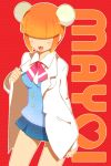  1girl :3 acchi_kocchi asapaa blush breasts character_name commentary_request hair_over_eyes heart katase_mayoi labcoat open_mouth orange_hair school_uniform short_hair skirt solo 