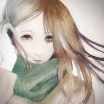  1girl blonde_hair closed_mouth gradient gradient_background gradient_hair hair_tucking long_hair long_sleeves looking_to_the_side multicolored_hair orange_eyes original pale_skin portrait scarf silver_hair solo tokiwa_osamu winter_clothes 