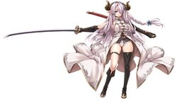  1girl black_gloves black_legwear blue_eyes boots bow braid breasts elbow_gloves full_body gloves granblue_fantasy hair_bow hair_over_one_eye hayama_kazusa highres horns katana large_breasts lavender_hair long_hair looking_at_viewer narumeia_(granblue_fantasy) pointy_ears sheath simple_background single_braid single_thighhigh solo sword thigh-highs thigh_boots unsheathed very_long_hair weapon white_background 