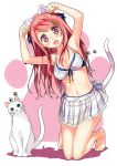  1girl :d absurdres animal_ears armpits arms_up bangs barefoot bikini bikini_skirt bikini_top blue_eyes blush breasts cat cat_ears cat_tail cleavage clenched_hands collarbone fake_animal_ears fang front-tie_top full_body hairband halterneck head_tilt highres huge_filesize kantoku kneeling kurumi_(kantoku) long_hair looking_at_viewer navel open_mouth original paw_pose paw_print pink_eyes plaid plaid_bikini pleated_skirt redhead shiny shiny_skin skirt smile solo swept_bangs swimsuit tail 