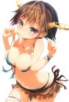  1girl bare_shoulders bikini blue_eyes breasts brown_hair cleavage commentary_request front-tie_top hairband headgear hiei_(kantai_collection) kantai_collection leaning_forward looking_at_viewer mouth_hold navel shirt_lift short_hair skirt solo suneo swimsuit tank_top thigh_strap 